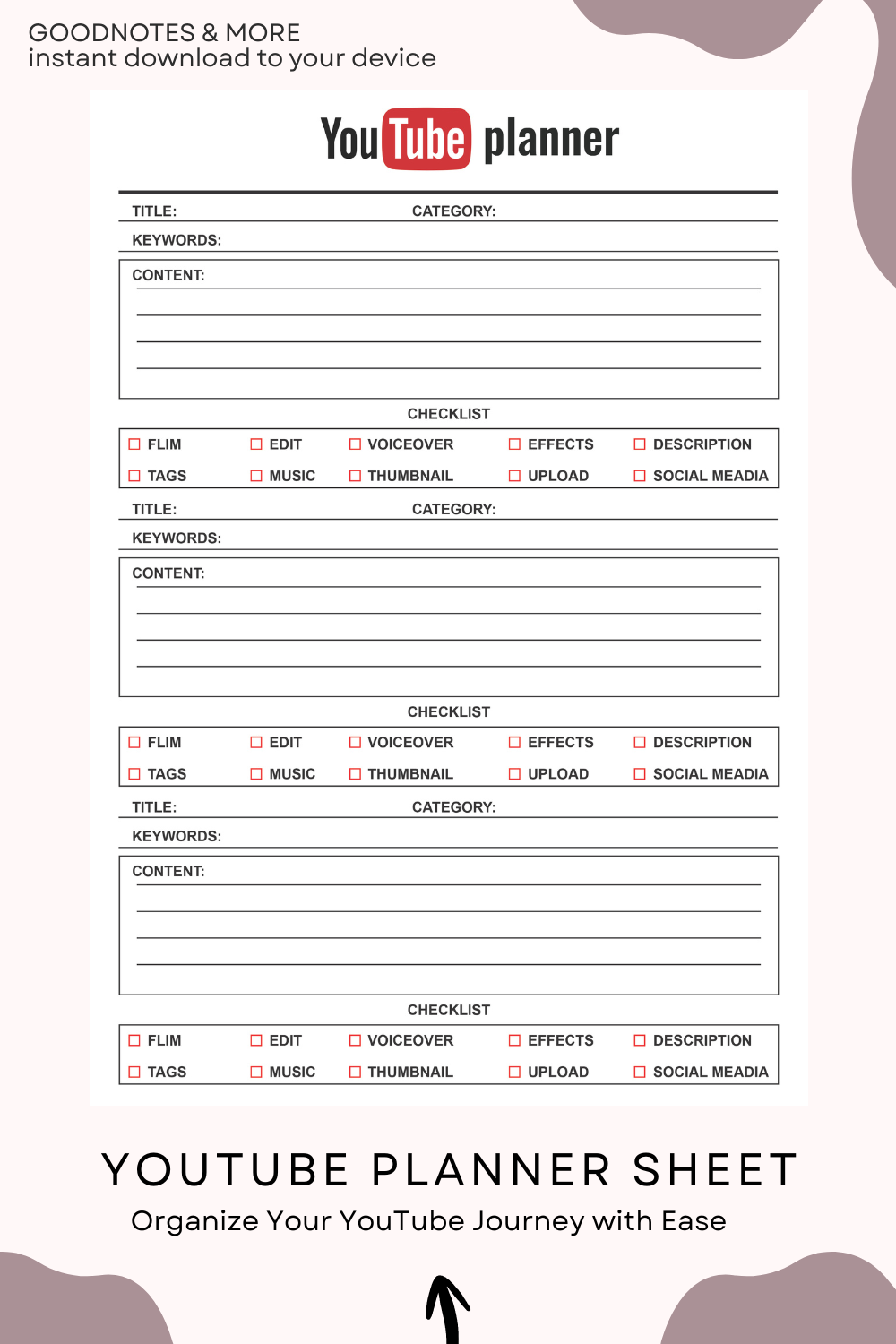 YOUTUBE Planner Sheet